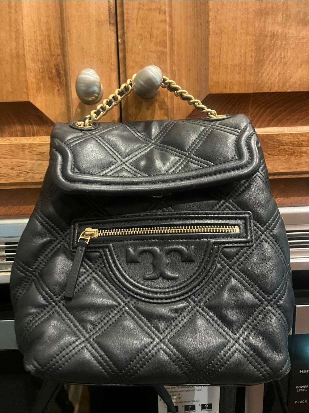 Tory Burch Black Quilted Leather Fleming Mini Backpack with Gold Chain